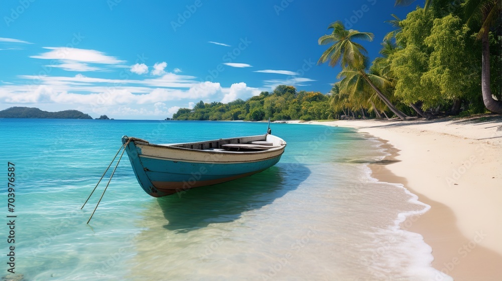 Wooden boat on a tropical beach with palm trees Wooden boat on a tropical beach with palm trees