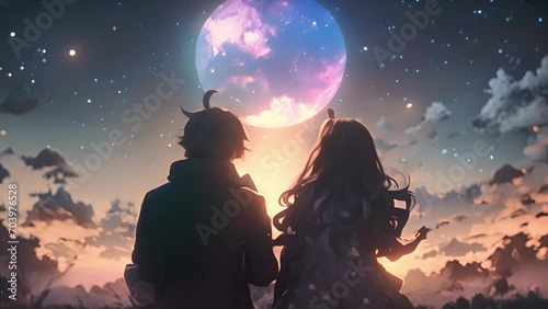 Cute couple watching a beautiful sparkling sky. A couple in love looks at the stars. Valentine's Day. Color illustration. Sparkling galaxy. Romantic Valentine Love photo