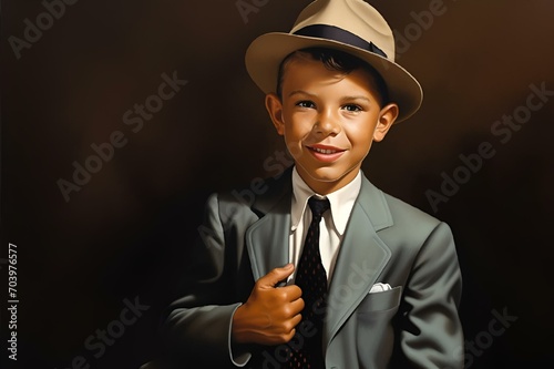 a painting of a little boy dressed in a suit and hat with a microphone