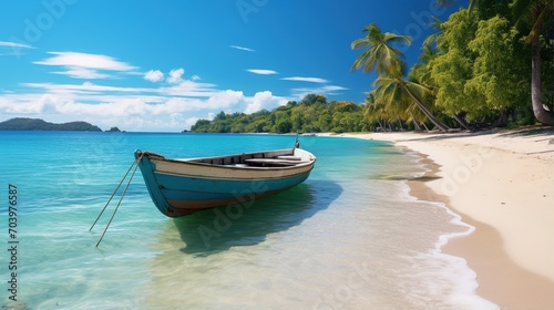 Wooden boat on a tropical beach with palm trees