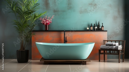 Teal bathtub in a modern bathroom