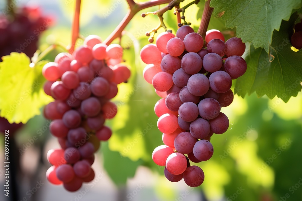 A close-up of a bunch of Grapes hanging in a vineyard, a wide shot. Image for advertising, Banner