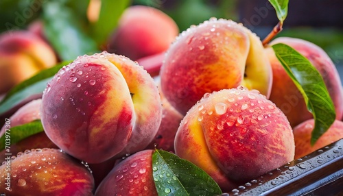 Close-up of many wet peach fruits. Selective focus photo