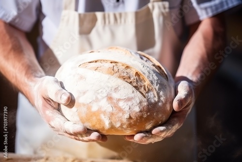 freshly baked bread in baker's hands,