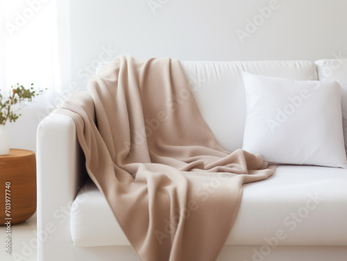 gray blanket on the white sofa in the family room