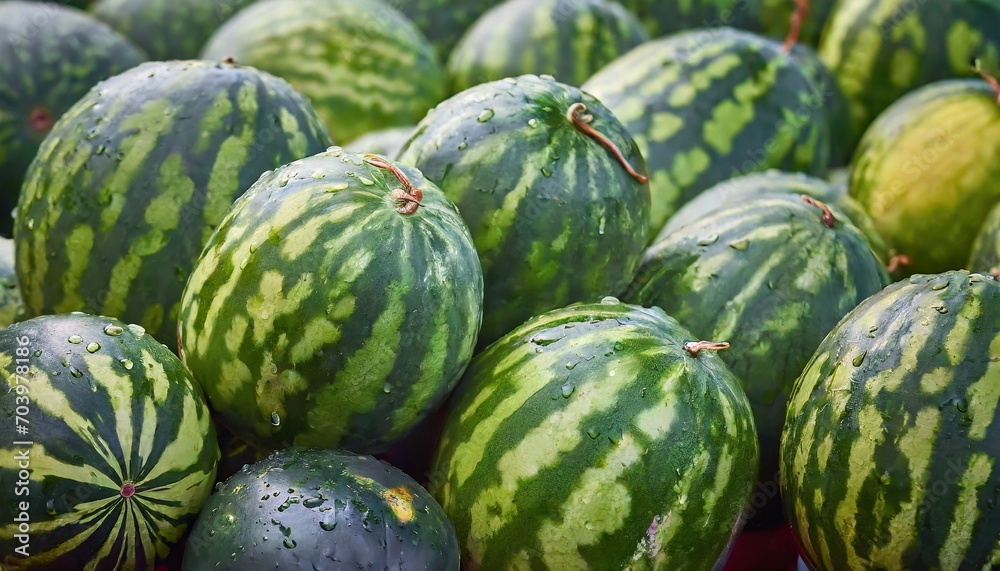 Close-up of many wet watermelons. Selective focus. Close-up of many wet watermelons. Selective focus.