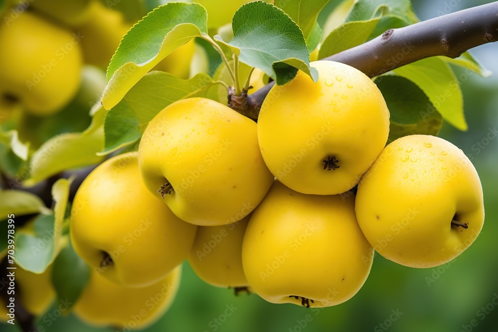 Yellow Apples hanging on a branch in the orchard. Image for advertising, banner Yellow Apples hanging on a branch in the orchard. Image for advertising, banner