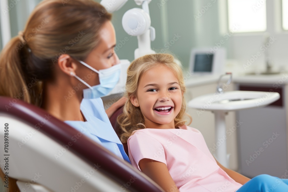 Dentist and patient. Cheerful little girl keeping smile on her face while sitting in dental chair Dentist and patient. Cheerful little girl keeping smile on her face while sitting in dental chair