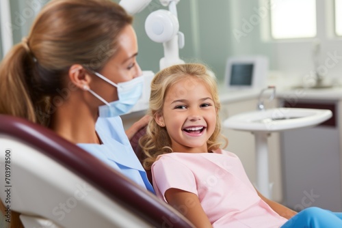 Dentist and patient. Cheerful little girl keeping smile on her face while sitting in dental chair