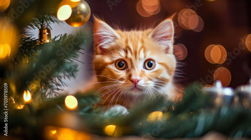 Cute ginger kitten on Christmas tree background with bokeh lights