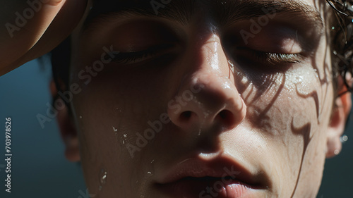 A dark-haired boy being doused with water droplets. Men’s grooming. Mens cosmetics photo, beauty industry advertising photo.