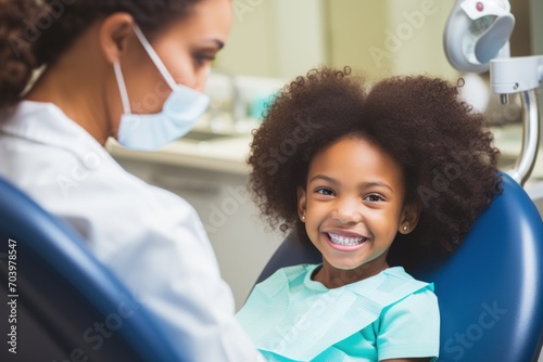 kid's dental clinic, with a little girl in the chair, showcasing the friendly and approachable nature of the dental professionals.