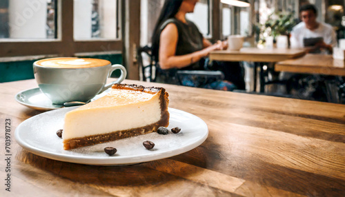 Fototapeta Naklejka Na Ścianę i Meble -  Käsekuchen und Kaffee auf Holztisch in einem Cafe 