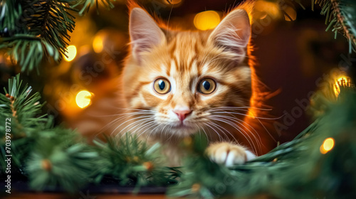 Cute ginger maine coon cat with Christmas tree on background
