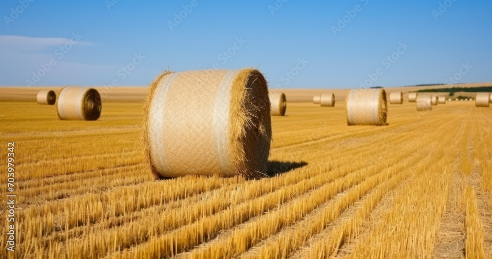 The Serene Beauty of Hay Bales Lying in a Field on a Bright Day. Generative AI
