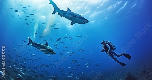 A Diver's Encounter with Majestic Grey Reef Sharks in the Deep Blue. Generative AI