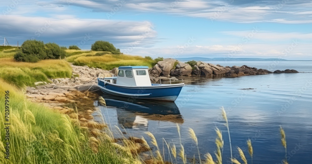 A Motorboat Perfectly Nestled on the Grass-Fringed Shore of an Enchanting Island. Generative AI A Motorboat Perfectly Nestled on the Grass-Fringed Shore of an Enchanting Island. Generative AI