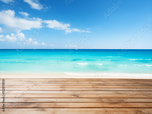 Beach with wooden walkway and blurred ocean 