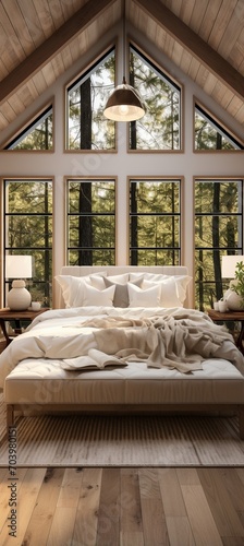 Modern bedroom interior with large windows and forest view