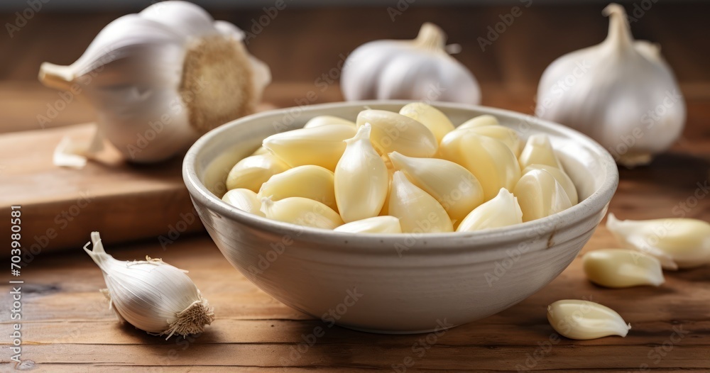 Garlic Galore - Peeled garlic in bowl. Generative AI Garlic Galore - Peeled garlic in bowl. Generative AI