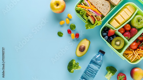 Refresh your study break: Top view photograph featuring a lunch box containing sandwiches, fruits, vegetables and a water bottle on a pastel blue isolated surface, perfect for text or advertisements photo