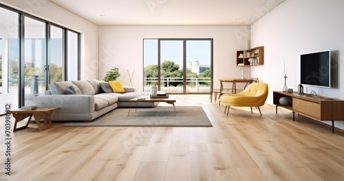 An Unfurnished  Open Living Room with Gleaming Hardwood Floors in a Sleek Apartment. Generative AI