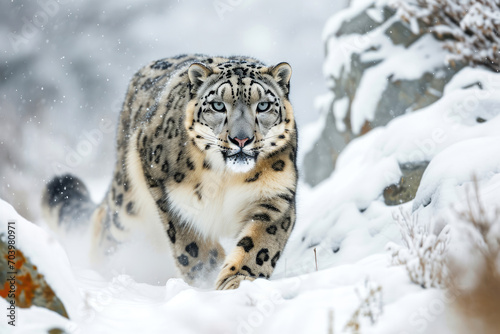 A majestic snow leopard gracefully navigating through a wintry landscape