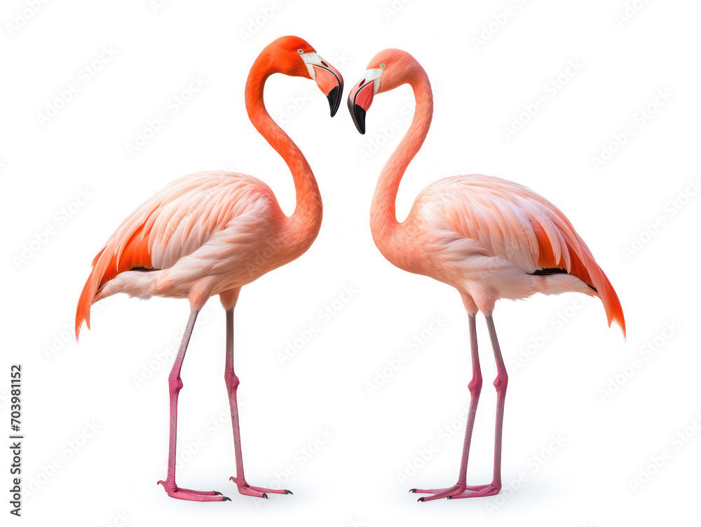 Pairs of flamingos facing each other form a heart sign isolated on white background