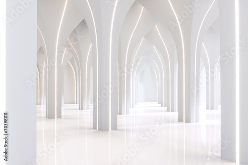 Abstract space interior modern luxury white hall concept 3d render  There are smooth shape column pattern decorate with led stripe light.