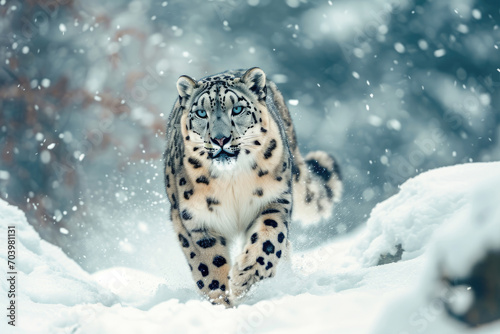 A majestic snow leopard gracefully navigating through a wintry landscape © Veniamin Kraskov