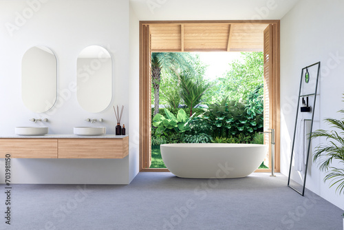 Fototapeta Naklejka Na Ścianę i Meble -  Modern contemporary loft style bathroom with tropical garden view 3d render, Concrete floor and white walls, open wooden doors to see fresh green nature.