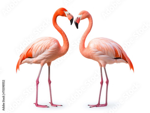 Pairs of flamingos facing each other form a heart sign isolated on white background