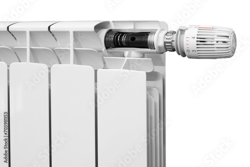 White aluminum bimetallic heating water radiator with temperature controller cutaway on a white background