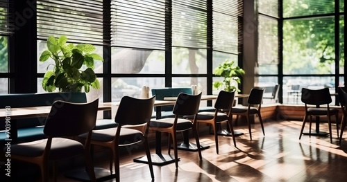 An Aesthetically Pleasing Cafe Interior with Blinds-Covered Windows and Elegant Dining Settings. Generative AI