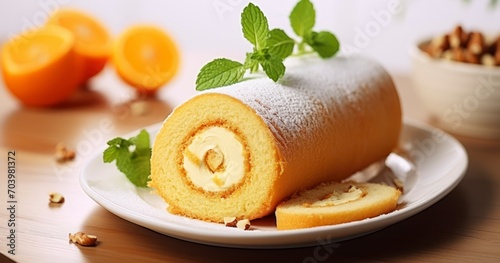 Fluffy Orange Roll Cake, Delicately Placed on a Porcelain Plate. Generative AI