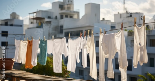 Clothes Hanging to Dry in the Foreground of Urban Architecture. Generative AI