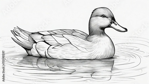 duck on the water A black and white sketch of a duck enjoying the calm water with ripples around it coloring book page photo