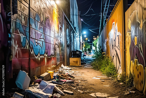 A nighttime urban alley with colorful graffiti art on walls and scattered litter on the ground. photo