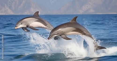 The Majestic Leap of Two Common Dolphins in a Stunning Breach. Generative AI © Watasiwa