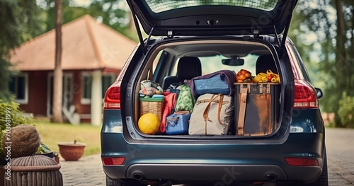 A Family's Vacation Gear Neatly Arranged in an Open Car Trunk, Ready for the Road. Generative AI