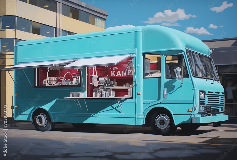 3D rendering of a food truck on a street in the city