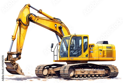 Yellow excavator isolated on white background. 3d render. Side view
