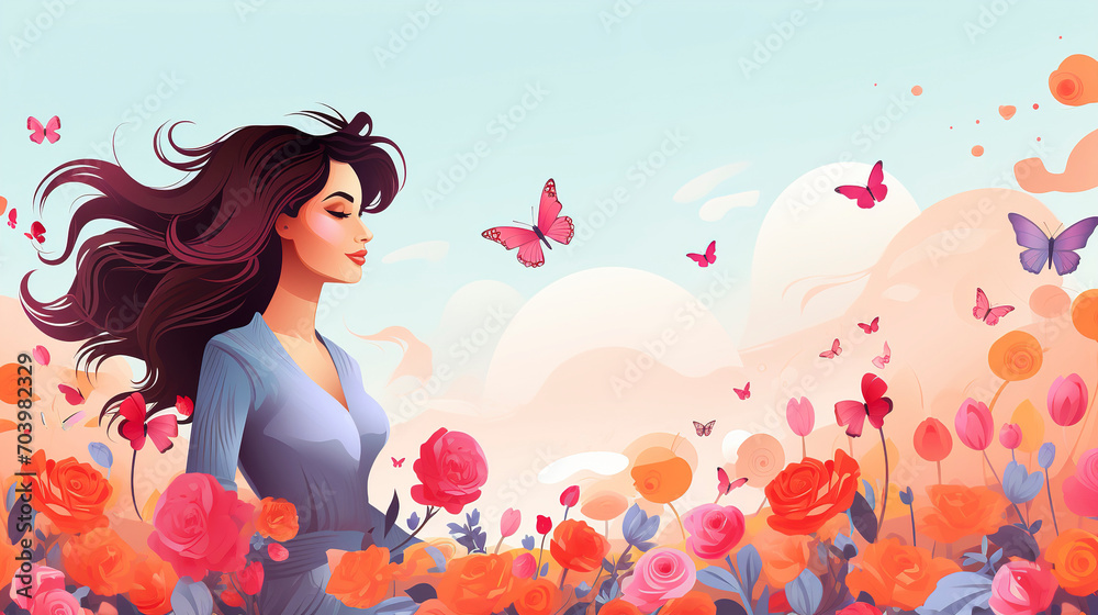 International Women's Day banner. Females for feminism, independence, sisterhood, empowerment, activism for women rights. International Women's Day 8 march with flowers and leaves.