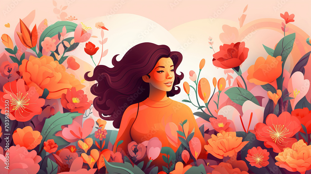 International Women's Day banner. Females for feminism, independence, sisterhood, empowerment, activism for women rights. International Women's Day 8 march with flowers and leaves.