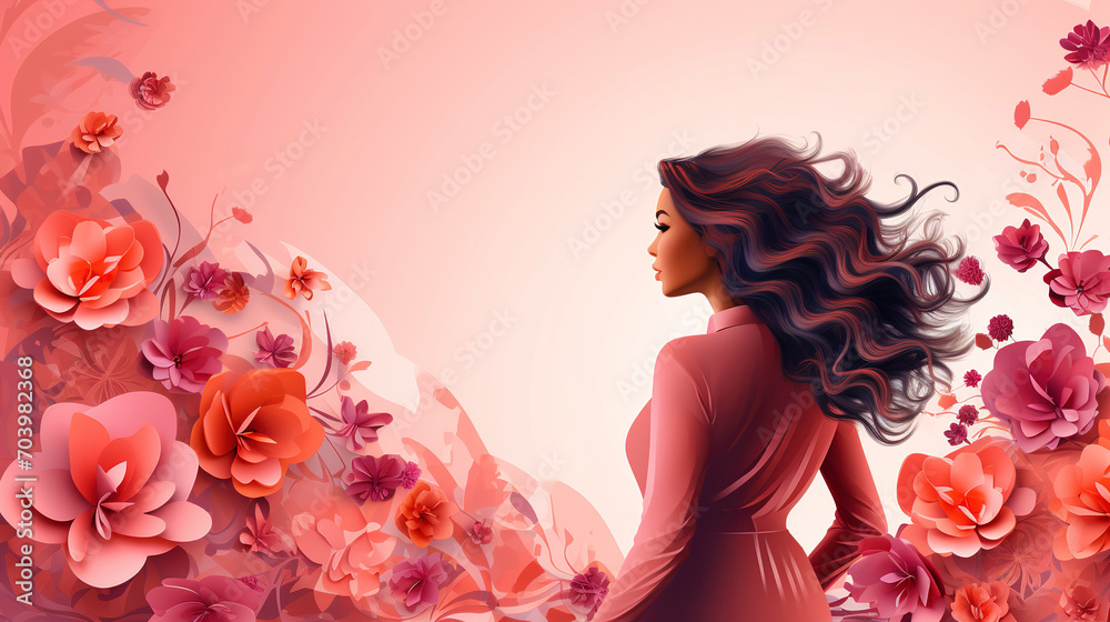 International Women's Day banner. Females for feminism, independence, sisterhood, empowerment, activism for women rights. International Women's Day 8 march with flowers and leaves.