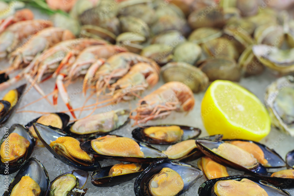 Seafood on ice in a market or fish market Seafood on ice in a market or fish market