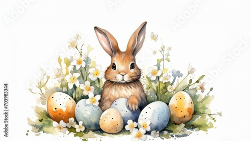 Watercolor illustration, Bunny with soft, expressive eyes and perky ears, with pastel colored Easter eggs and delicate wildflowers on white background charming springtime atmosphere photo
