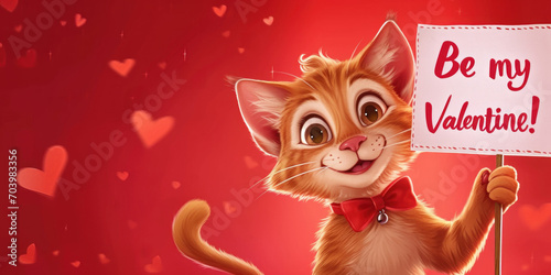 A very cute cat holds a sign that says "Be my Valentine!", Valentine's Day card background, red hearts © Teppi
