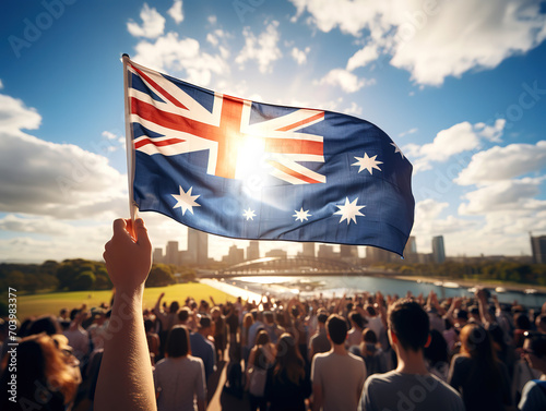 Australia national flag on people hands in heart shape isolated on sky background