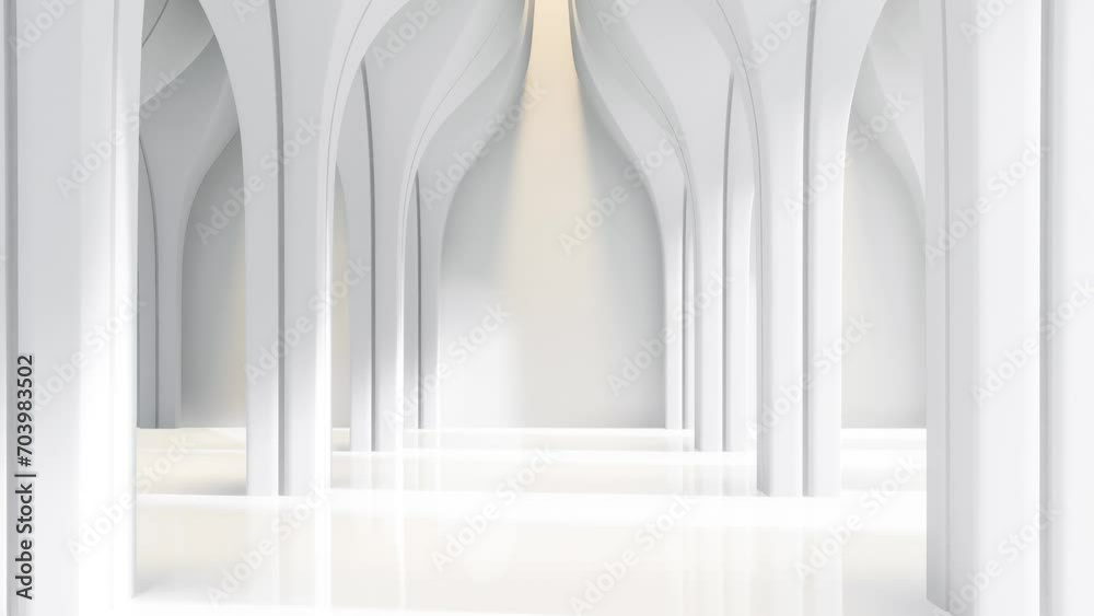 Animation of modern luxury white hall abstract space interior concept 3d render ,There are smooth shape column pattern decorate with led stripe light.